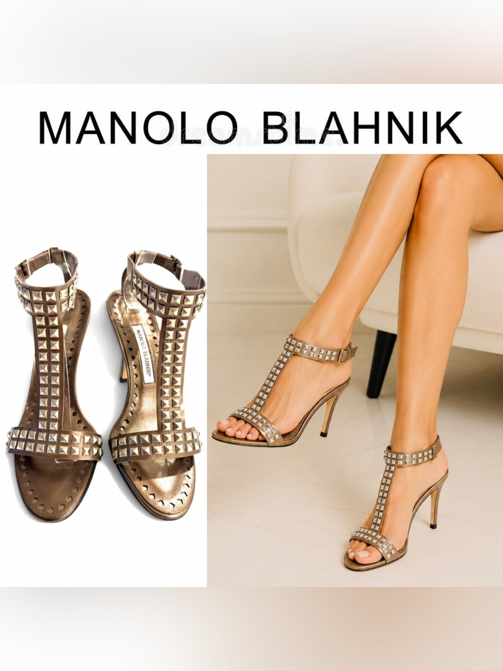 Manolo Blahnik iconic studs bronze T-Strap Heels